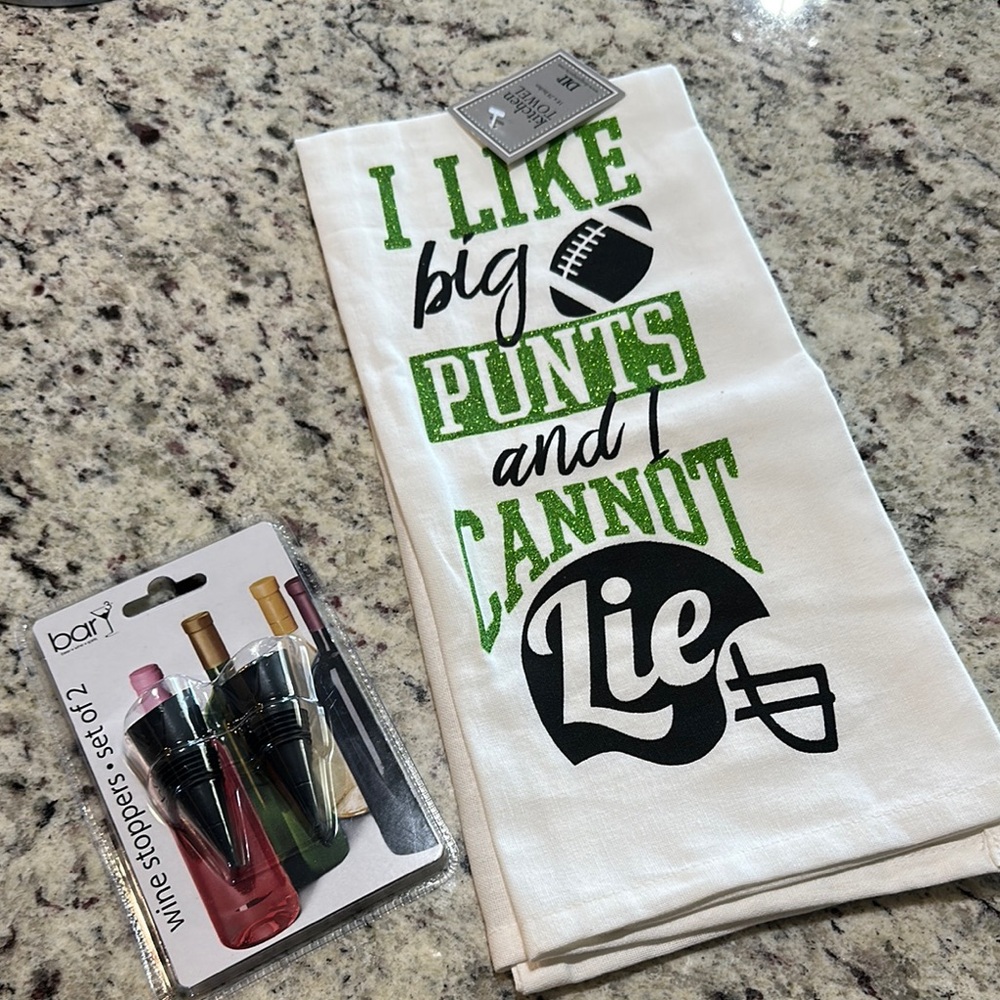 Football Themed Kitchen Towel and Wine Toppers NWT